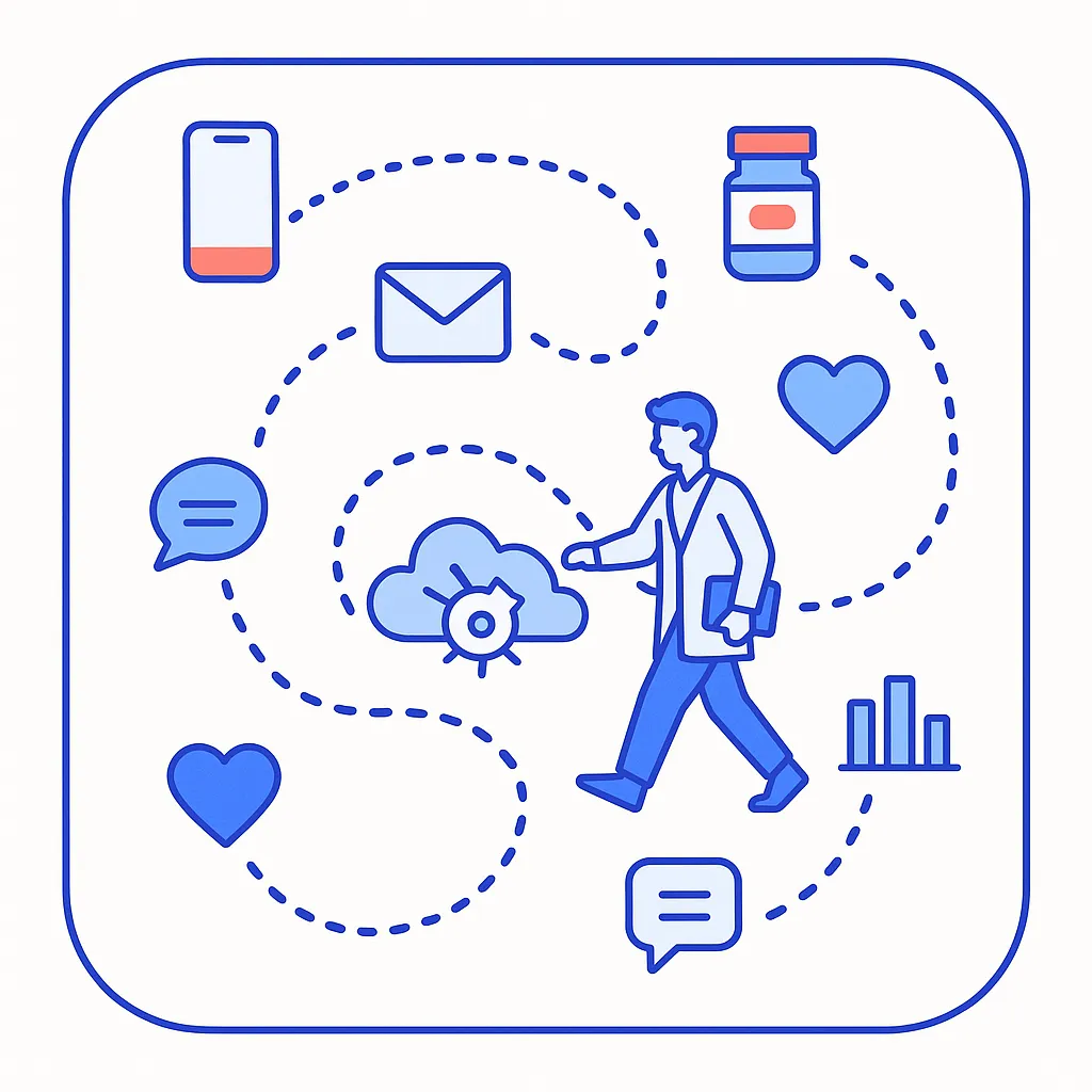Healthcare professional walks along a swirling dotted path connecting email, pill, heart, cloud and chat icons.