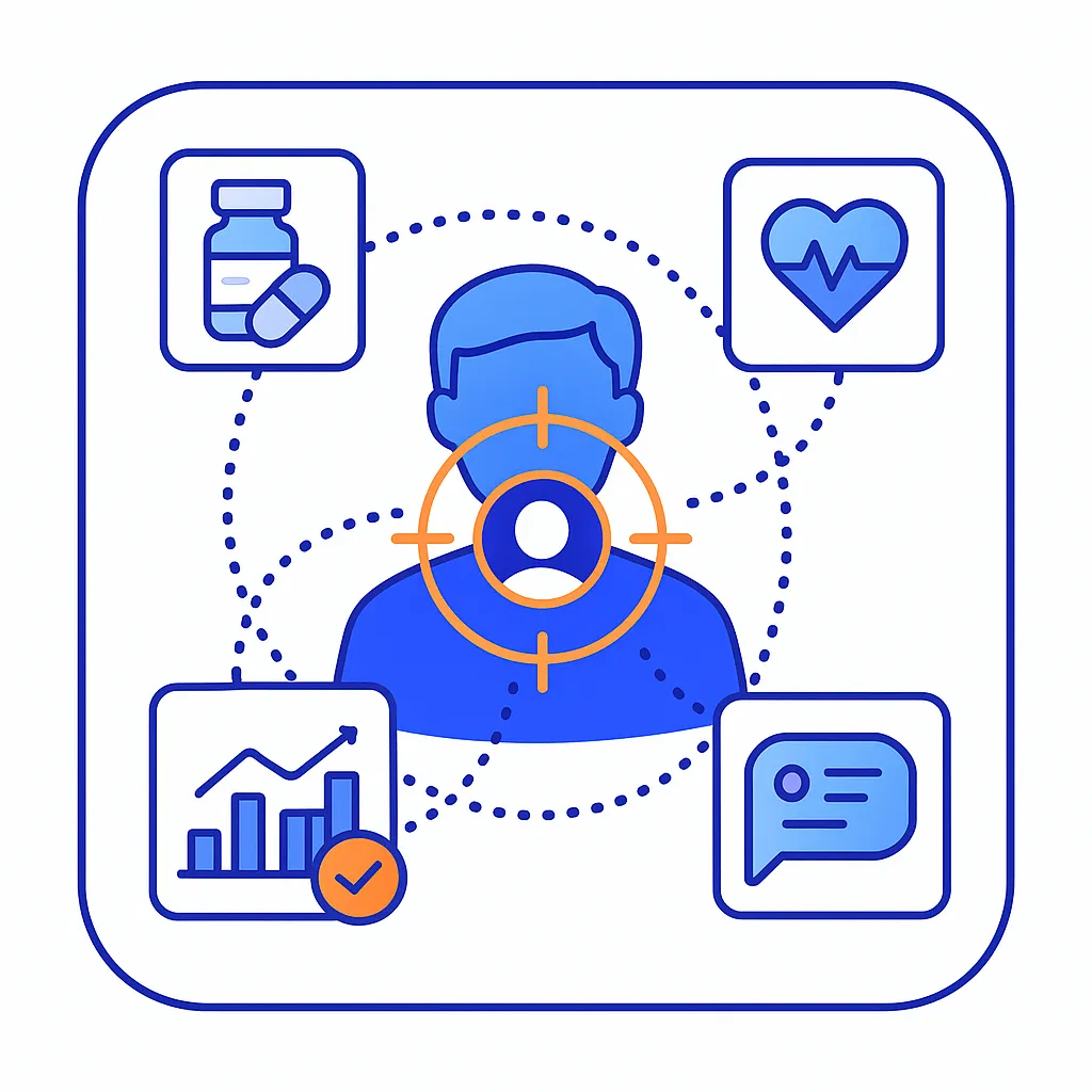Crosshair overlays a profile while tailored icons of pills, heart, analytics and chat connect via dotted lines.