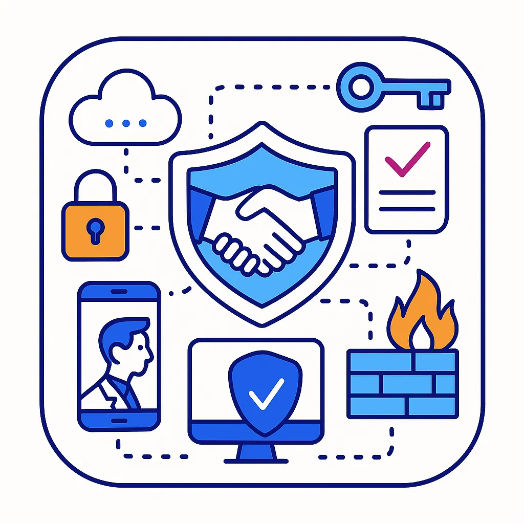 Handshake inside a shield surrounded by locks, keys, firewall and check mark documents representing data privacy.