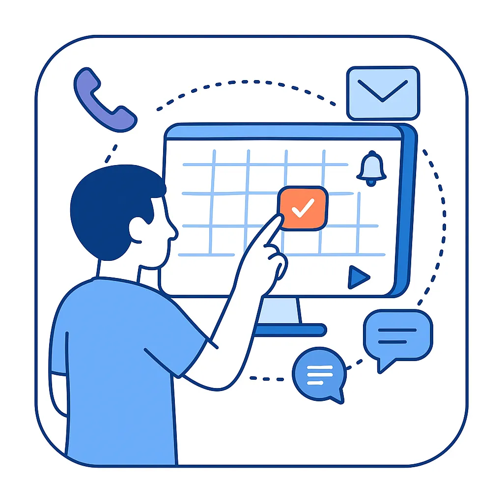 Person points at highlighted calendar date with bell and chat icons encouraging scheduling a platform demo.