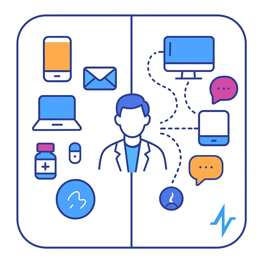 Split‑screen diagram contrasting disconnected multichannel marketing with integrated omnichannel approaches.