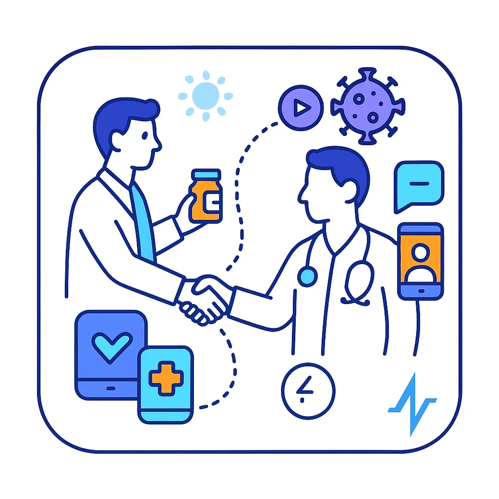 Healthcare professional transitioning from a handshake to digital communication with virus influence.