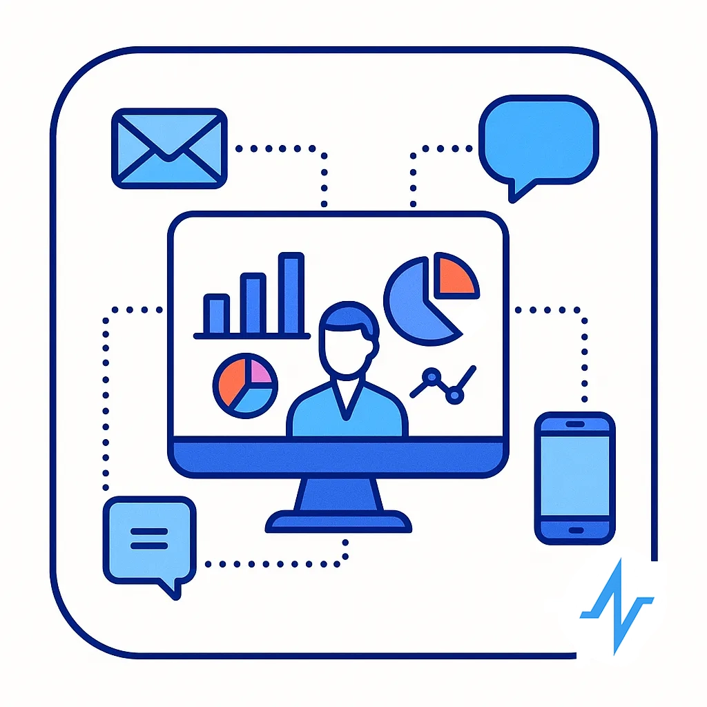 Dashboard with bar and pie charts receiving data from email, chat and mobile channels.