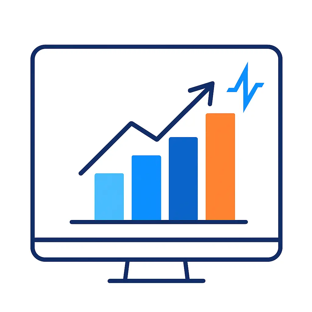 A computer monitor displays a rising bar chart and arrow, illustrating growth driven by a pharma marketing agency.