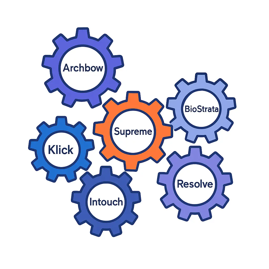 Interlocking gears labeled with agency names illustrate collaboration within the pharma marketing agency ecosystem.