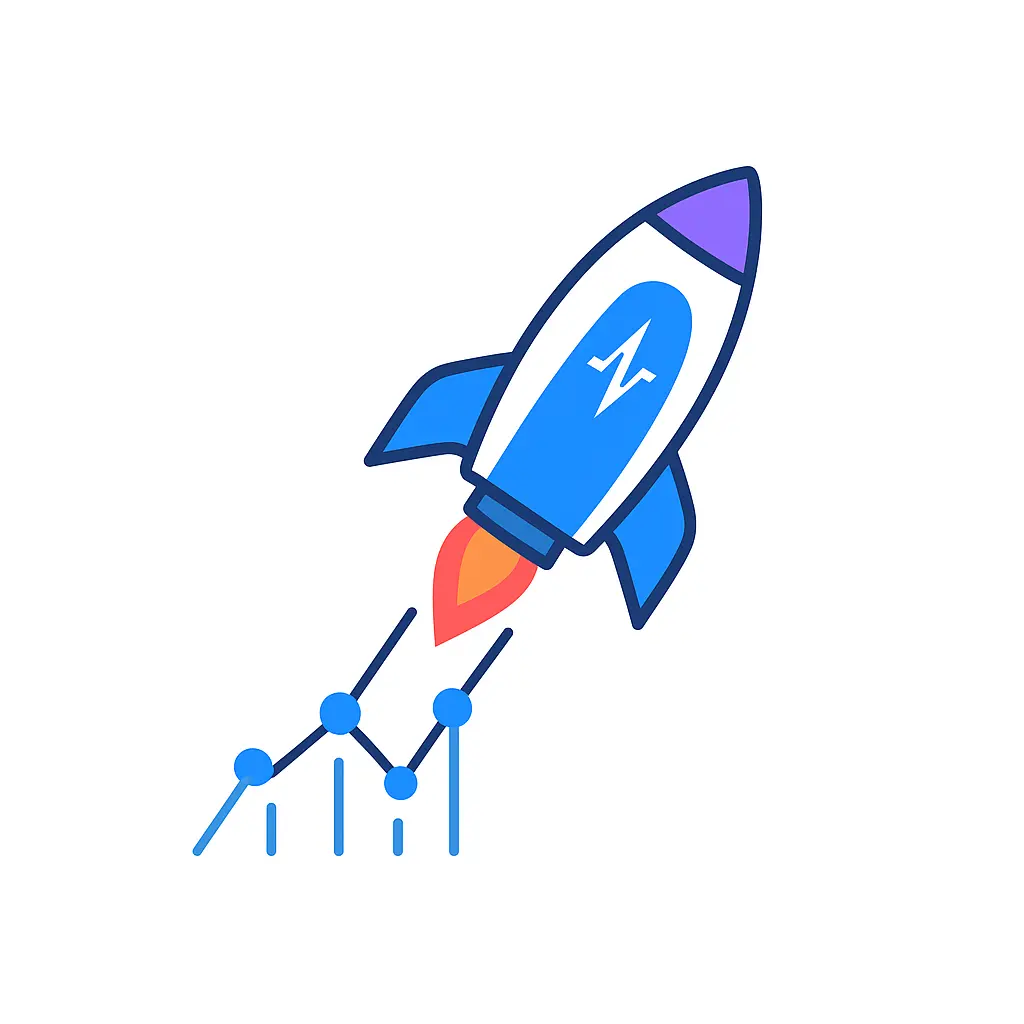 A rocket bearing a pulse icon blasts off above an upward-trending line chart, symbolizing rapid growth powered by a pharma marketing agency.
