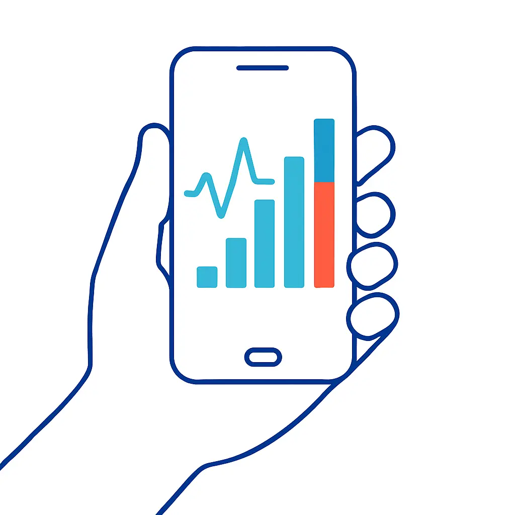 A hand holds a smartphone that displays a pulse line over rising bars, illustrating on-the-go performance tracking for pharma campaigns.