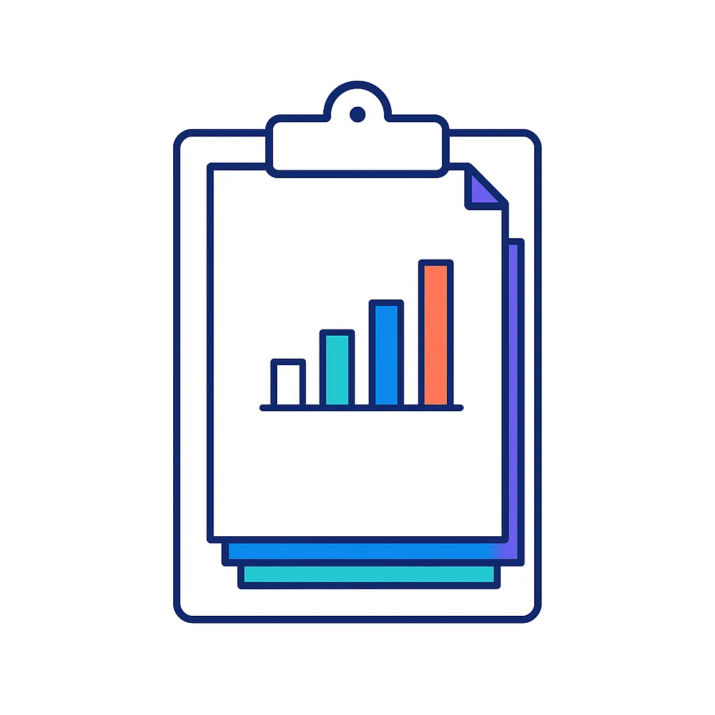 A clipboard with stacked sheets shows a colorful bar chart, representing detailed performance reports prepared by a pharma marketing agency.