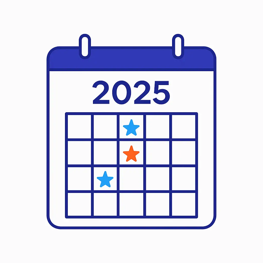 A calendar marked “2025” shows starred dates, symbolizing a pharma marketing agency’s roadmap of key campaign launches.