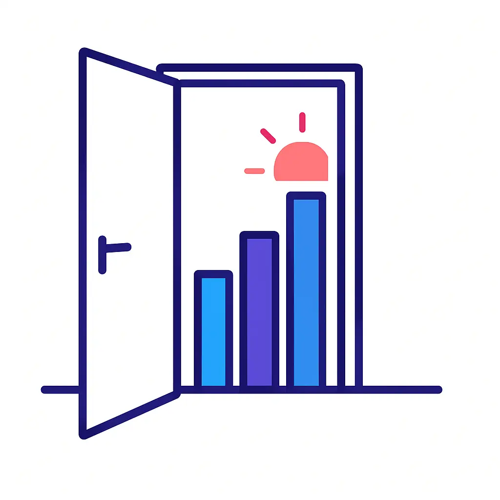 An open doorway reveals a sunrise behind a rising bar chart, signifying new market opportunities unlocked by a pharma marketing agency.