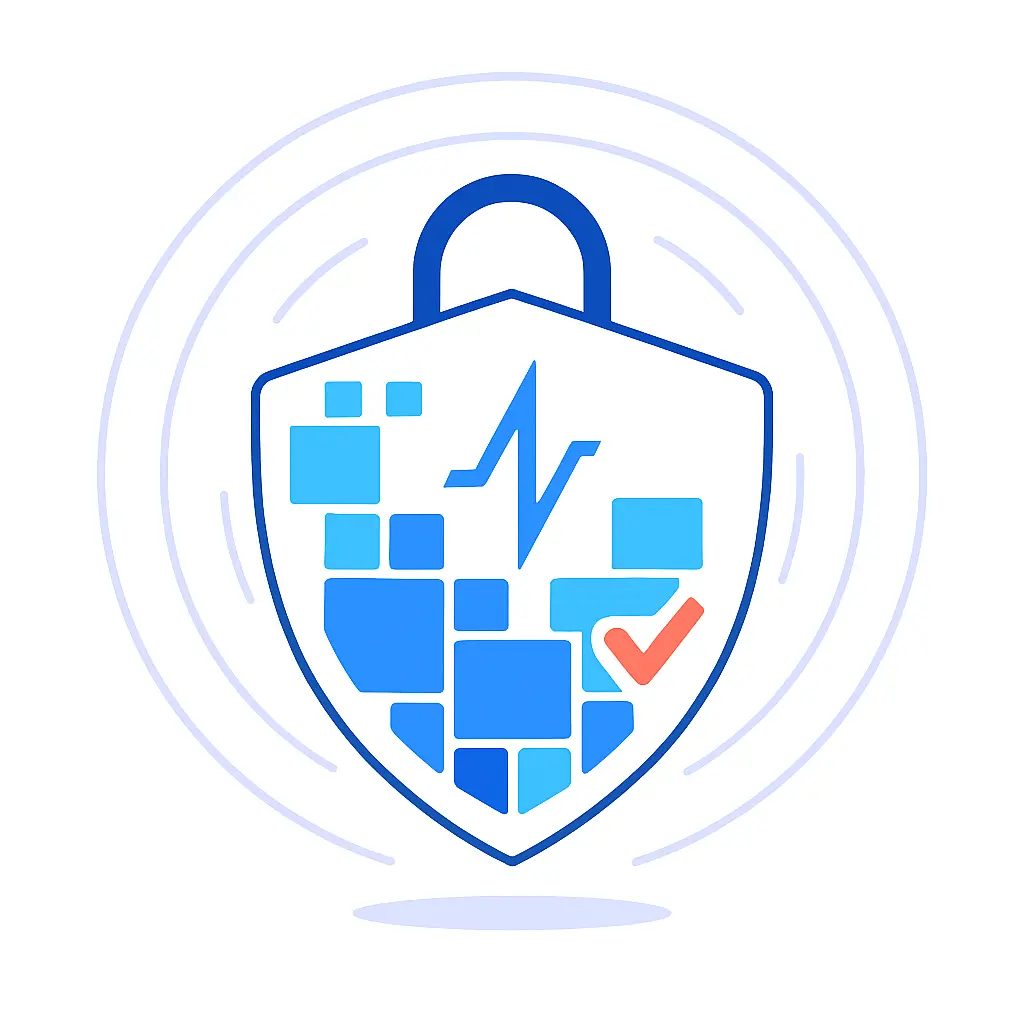A lock-shaped shield built from digital tiles and a pulse icon underscores secure, compliant data practices in pharma marketing.