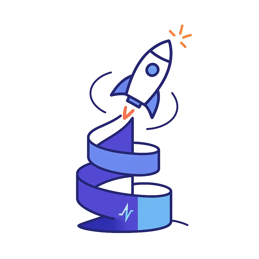 A ribbon spirals upward into a launching rocket, illustrating a phased, momentum-building strategy from a pharma marketing agency.