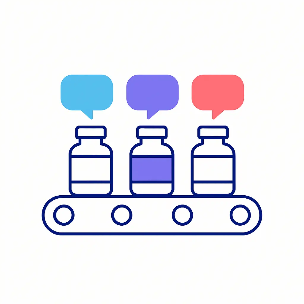 Three medication vials ride a conveyor belt under colorful speech bubbles, illustrating streamlined brand communications for multiple drugs.