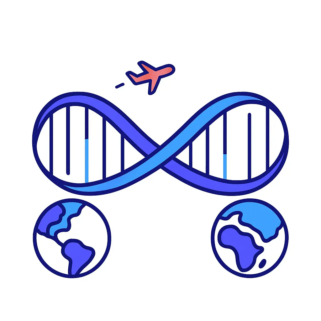 A DNA infinity loop bridges two globes with an airplane above, depicting worldwide expansion of biotech messaging.