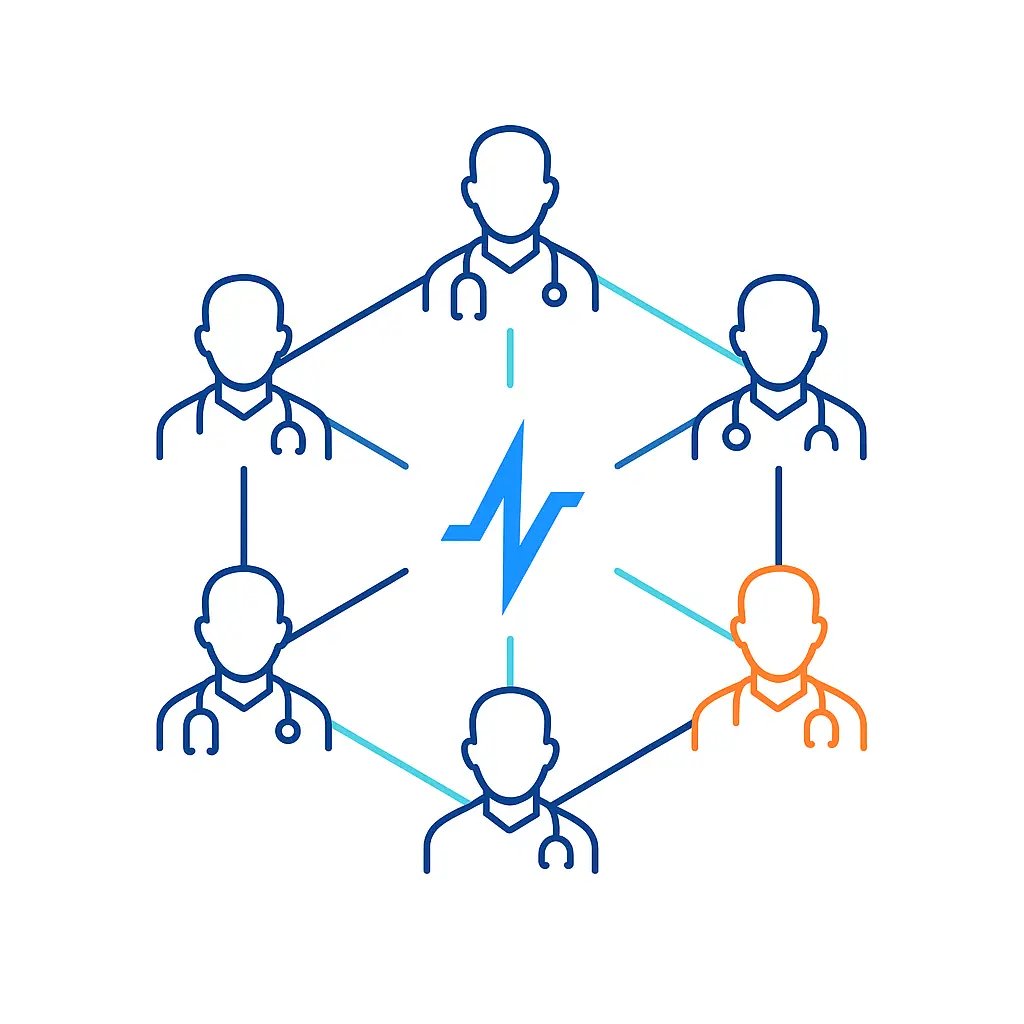 A doctor network diagram radiates from a pulse icon, highlighting a pharma marketing agency’s reach to healthcare professionals.