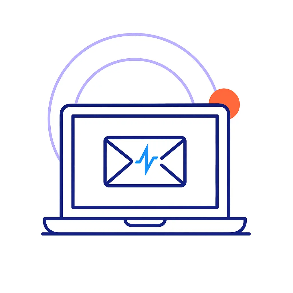 A laptop with an envelope icon represents targeted email campaigns managed by a pharma marketing agency.