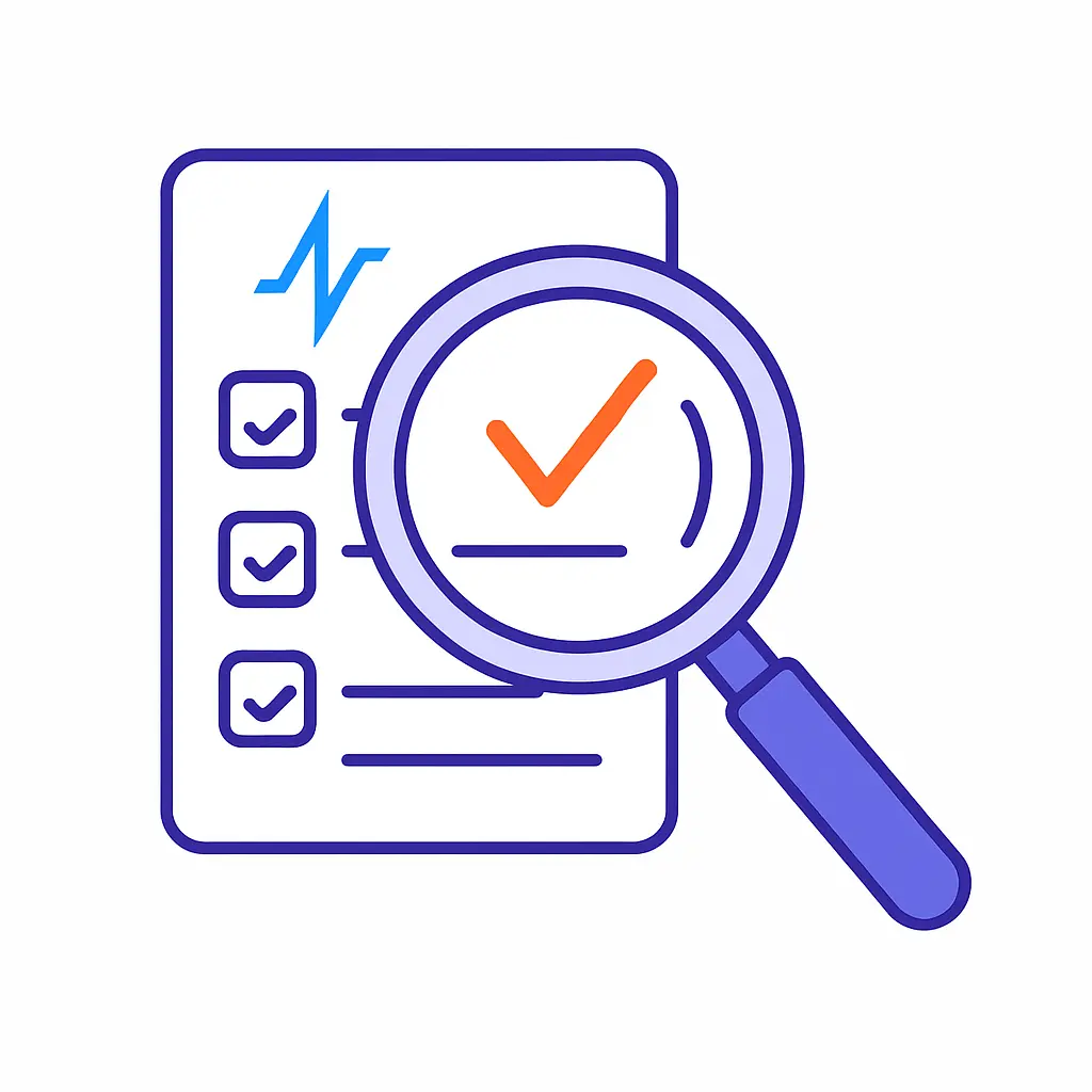 A magnifying glass over a checked list signifies performance auditing by a pharma marketing agency.