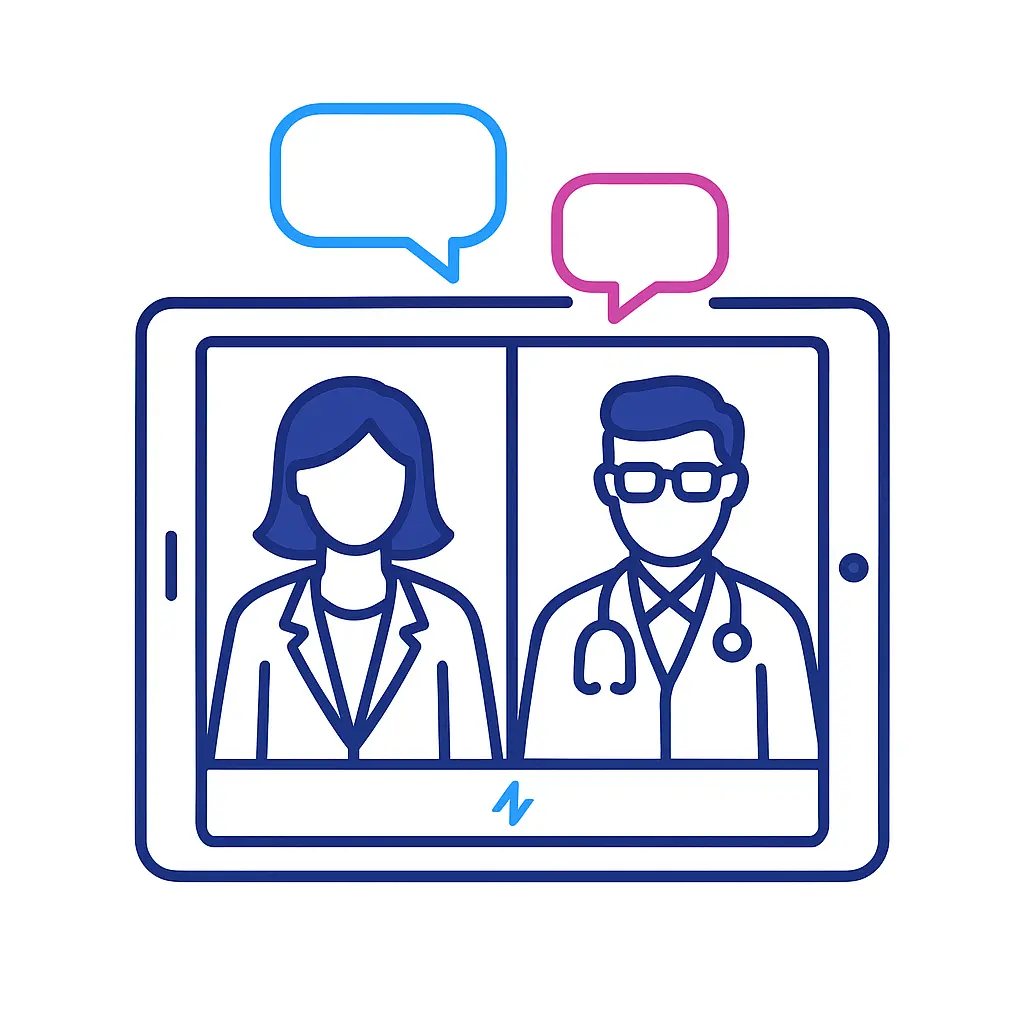 A tablet video call between a marketer and a physician showcases virtual engagement from a pharma marketing agency.
