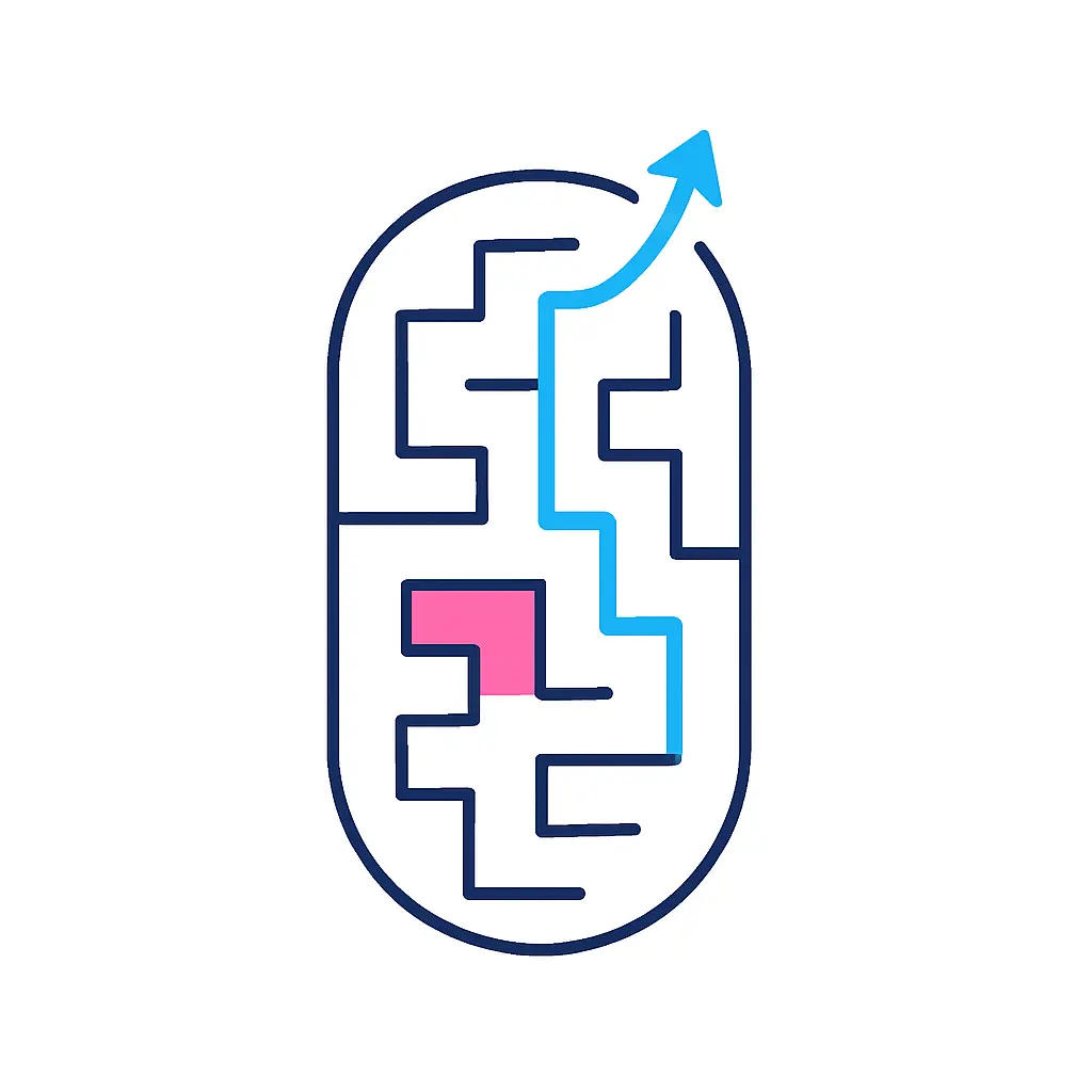 A capsule-shaped maze with a clear exit path symbolizes a pharma marketing agency guiding brands through regulations.