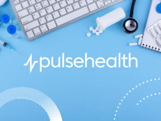Flat lay of medical tools — a keyboard, stethoscope, syringe, pill bottle, and tablets — surrounding the white Pulse Health logo on a blue background.