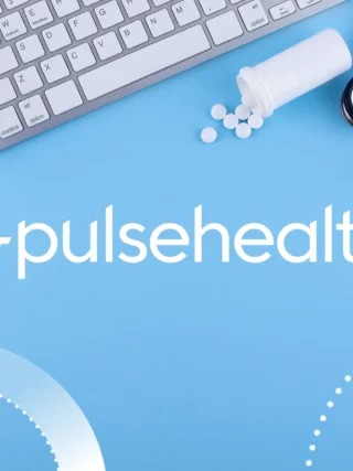 Flat lay of medical tools — a keyboard, stethoscope, syringe, pill bottle, and tablets — surrounding the white Pulse Health logo on a blue background.