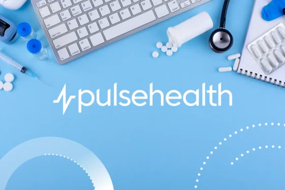 Flat lay of medical tools — a keyboard, stethoscope, syringe, pill bottle, and tablets — surrounding the white Pulse Health logo on a blue background.