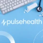 Flat lay of medical tools — a keyboard, stethoscope, syringe, pill bottle, and tablets — surrounding the white Pulse Health logo on a blue background.