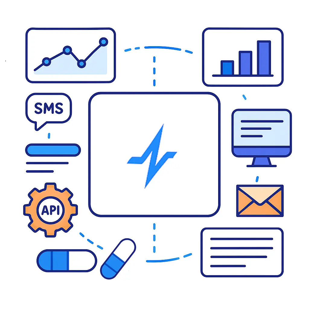 A central Pulse Health module connects via dotted lines to an API gear, SMS bubble, line and bar chart panels, email icon, computer monitor and pill icons, illustrating seamless data synchronization.