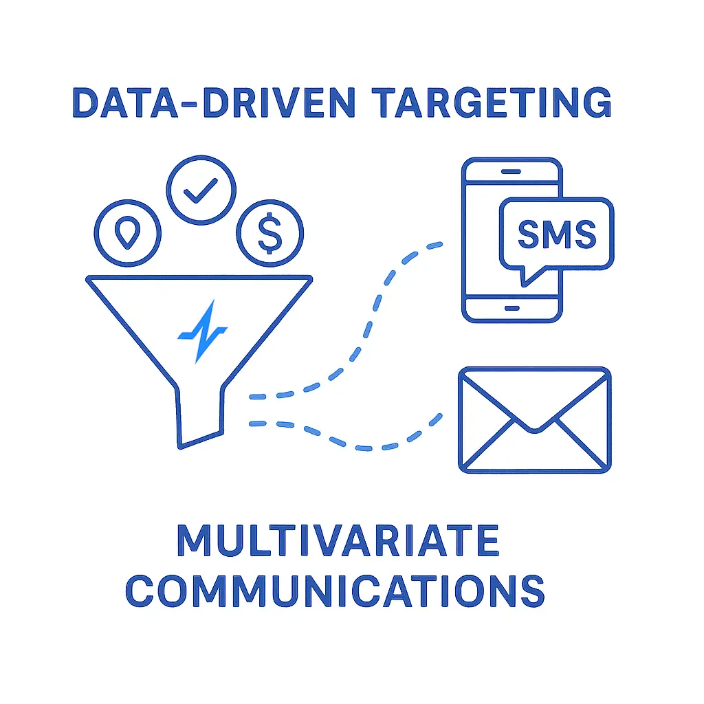 A Pulse Health funnel topped with location, checkmark and dollar icons funnels into dotted lines leading to an SMS bubble on a smartphone and an envelope, with bold headings framing targeted, multi-channel outreach.