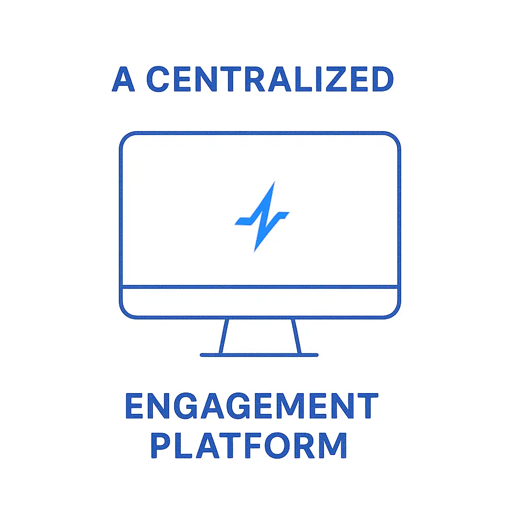 A minimalist desktop monitor bears the Pulse Health lightning bolt, flanked by header text “A CENTRALIZED” and footer text “ENGAGEMENT PLATFORM,” conveying a unified hub for patient interaction.