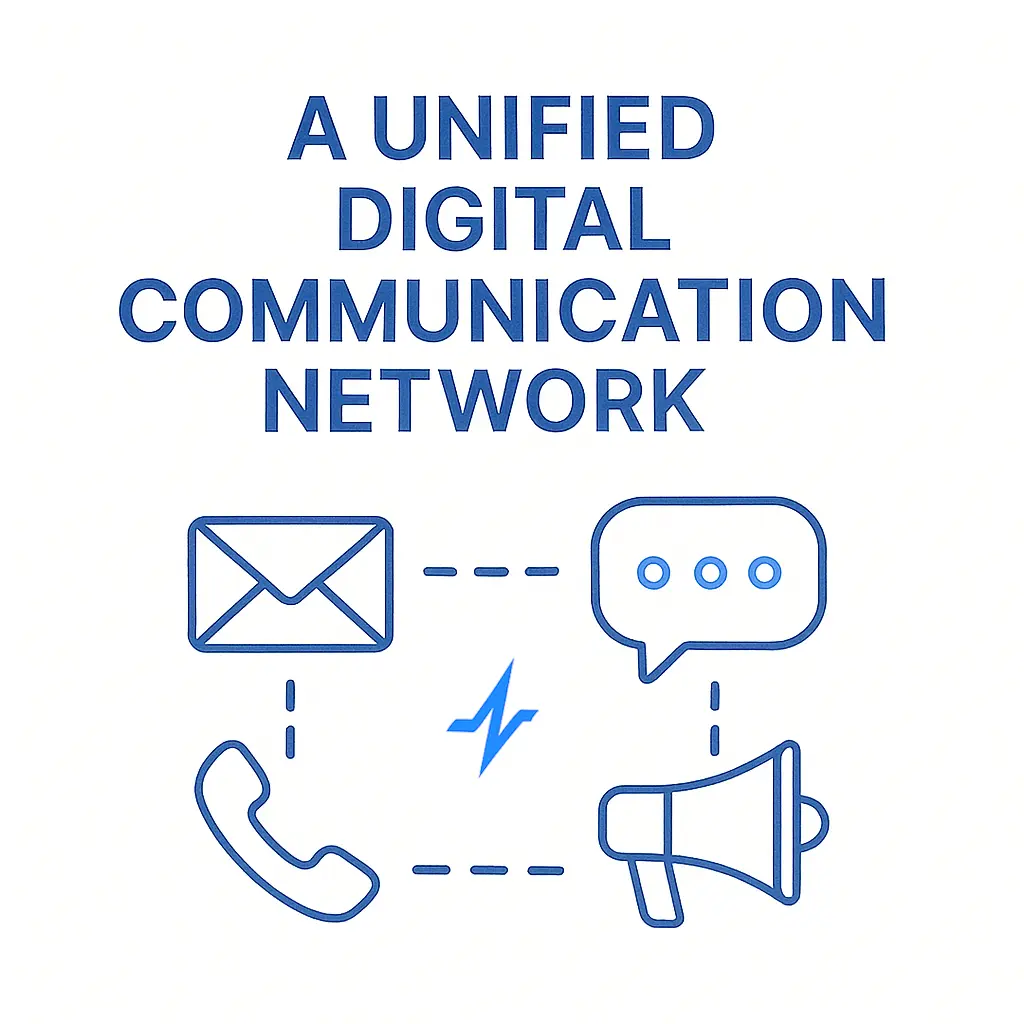 Envelope, chat bubble, phone handset and megaphone icons form a square loop around the Pulse Health emblem, visualizing a cohesive, omni-directional messaging infrastructure.