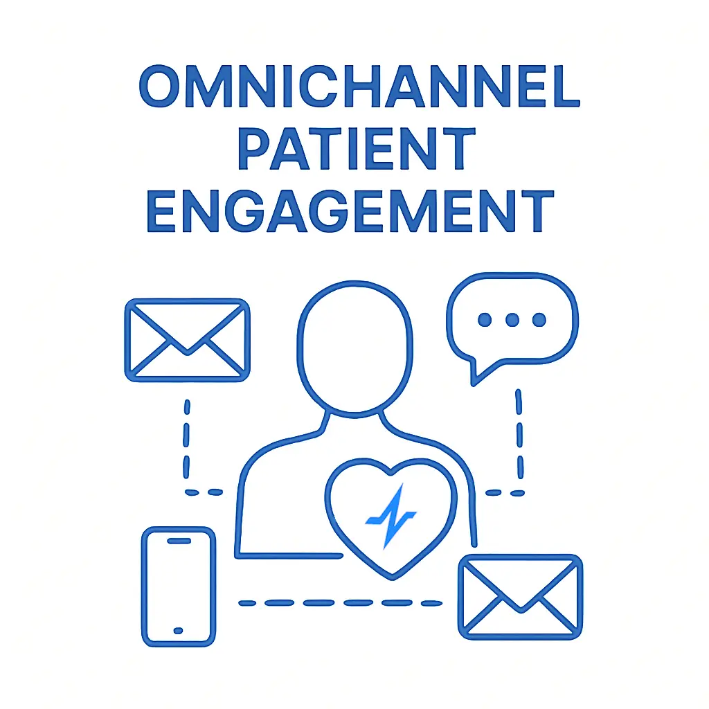 A central patient silhouette with a Pulse Health heart icon connects via dotted lines to mobile, email and chat icons, emphasizing synchronized engagement across multiple channels.