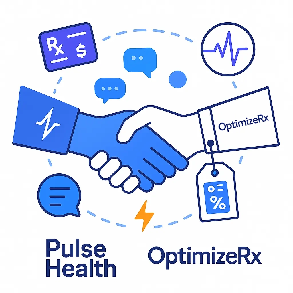 Hands labeled Pulse Health and OptimizeRx clasp beneath floating icons—prescription pad, chat bubbles and price-tag—encircled by dotted lines, underscoring a collaborative integration alliance.