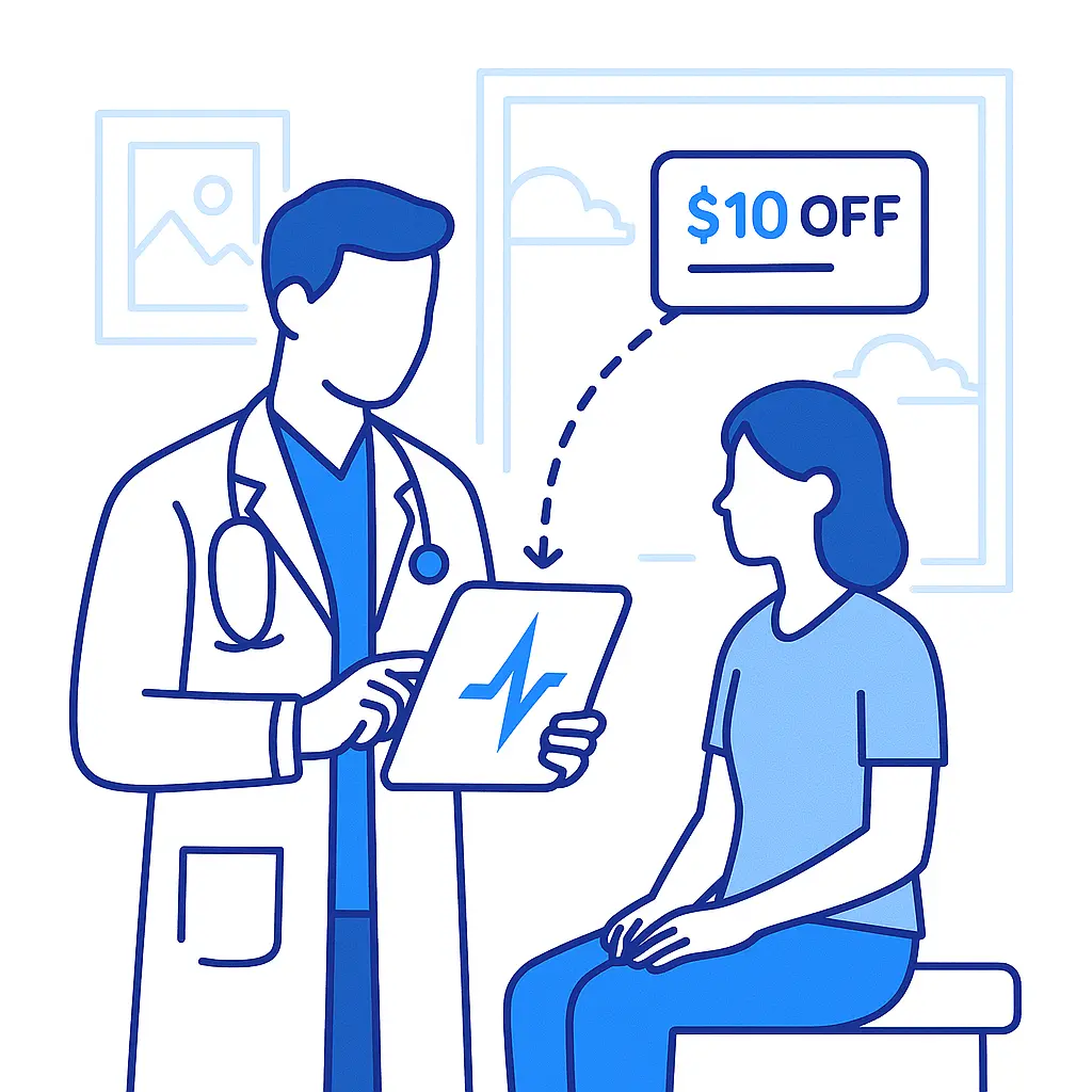 A clinician points to a tablet displaying a “$10 OFF” message to a seated patient, representing in-visit prescription discount alerts powered by OptimizeRX.