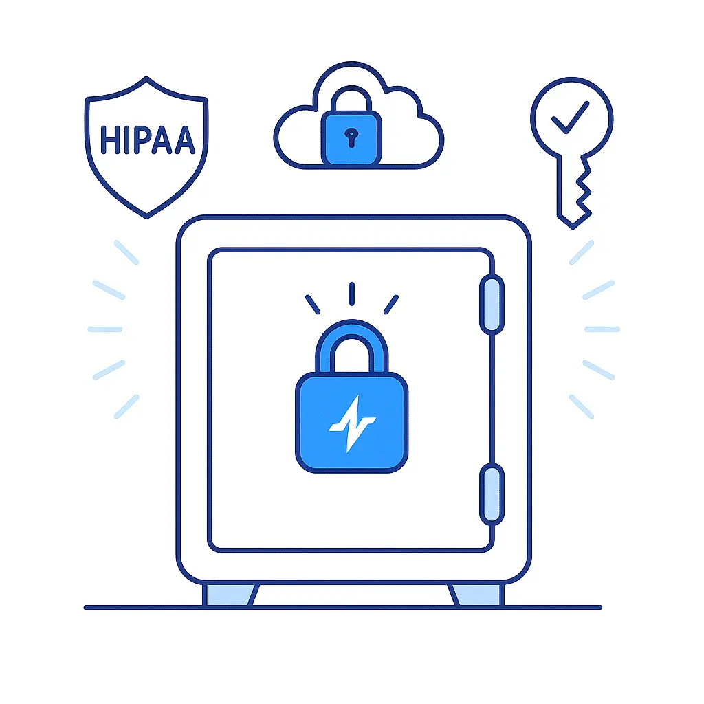 A sturdy safe door emblazoned with a Pulse Health lock icon is flanked by a HIPAA shield, a cloud padlock and a key, symbolizing protected healthcare data storage.