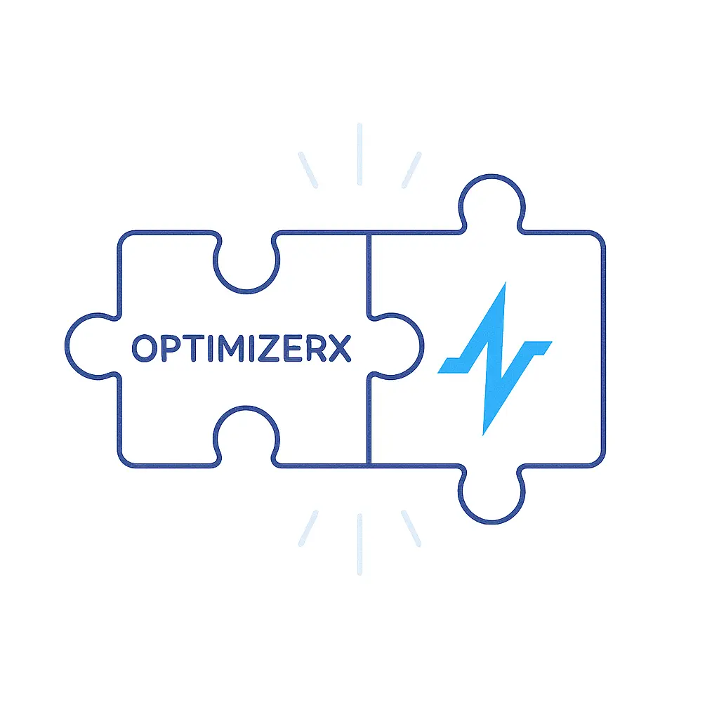 Two puzzle pieces labeled “OPTIMIZERX” and the Pulse Health lightning bolt interlock, conveying plug-and-play integration between platforms.