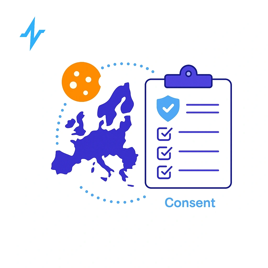 Europe map with a clipboard and cookie icon emphasizing consent under GDPR and ePrivacy.