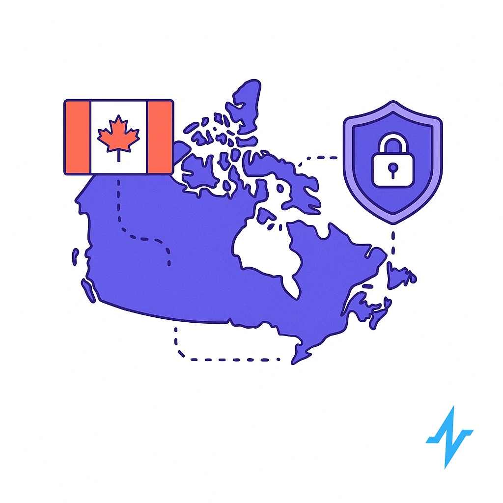 Map of Canada with national flag and a lock symbolizing PIPEDA data protection.