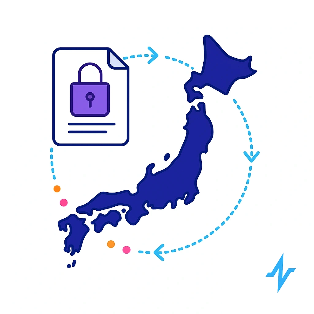 Japanese islands with a privacy document and circular arrows representing APPI and data transfers.