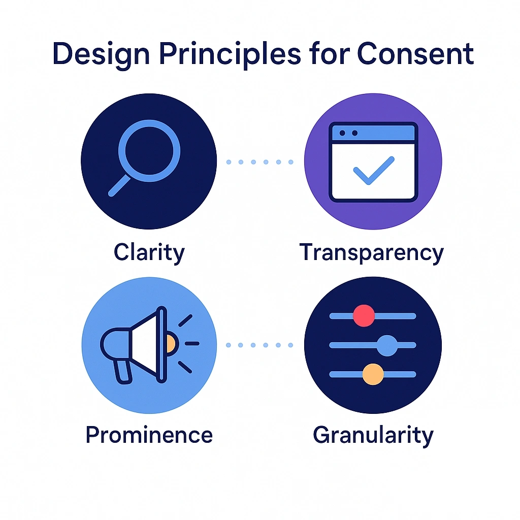 Four circular icons illustrating clarity, transparency, prominence and granularity in consent design.