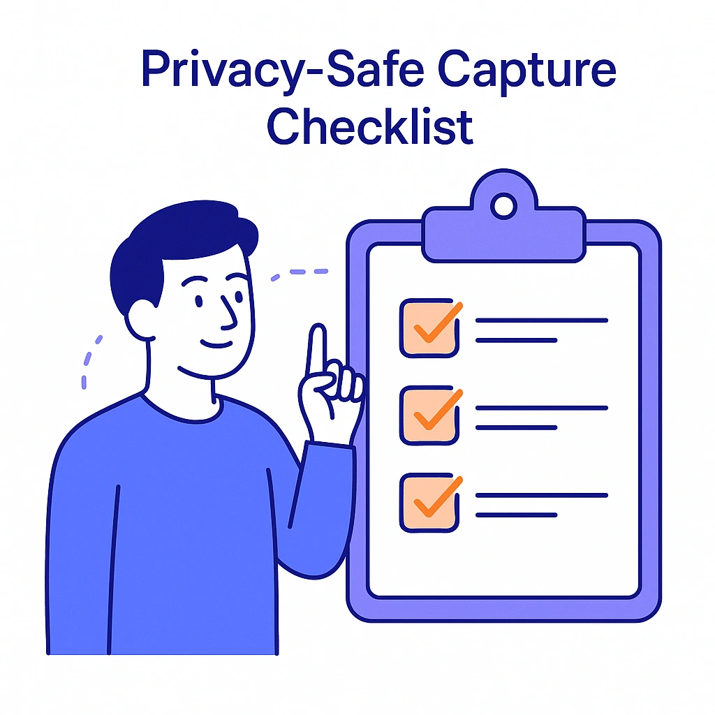 Person pointing to a clipboard with checkboxes in a privacy safe capture checklist.