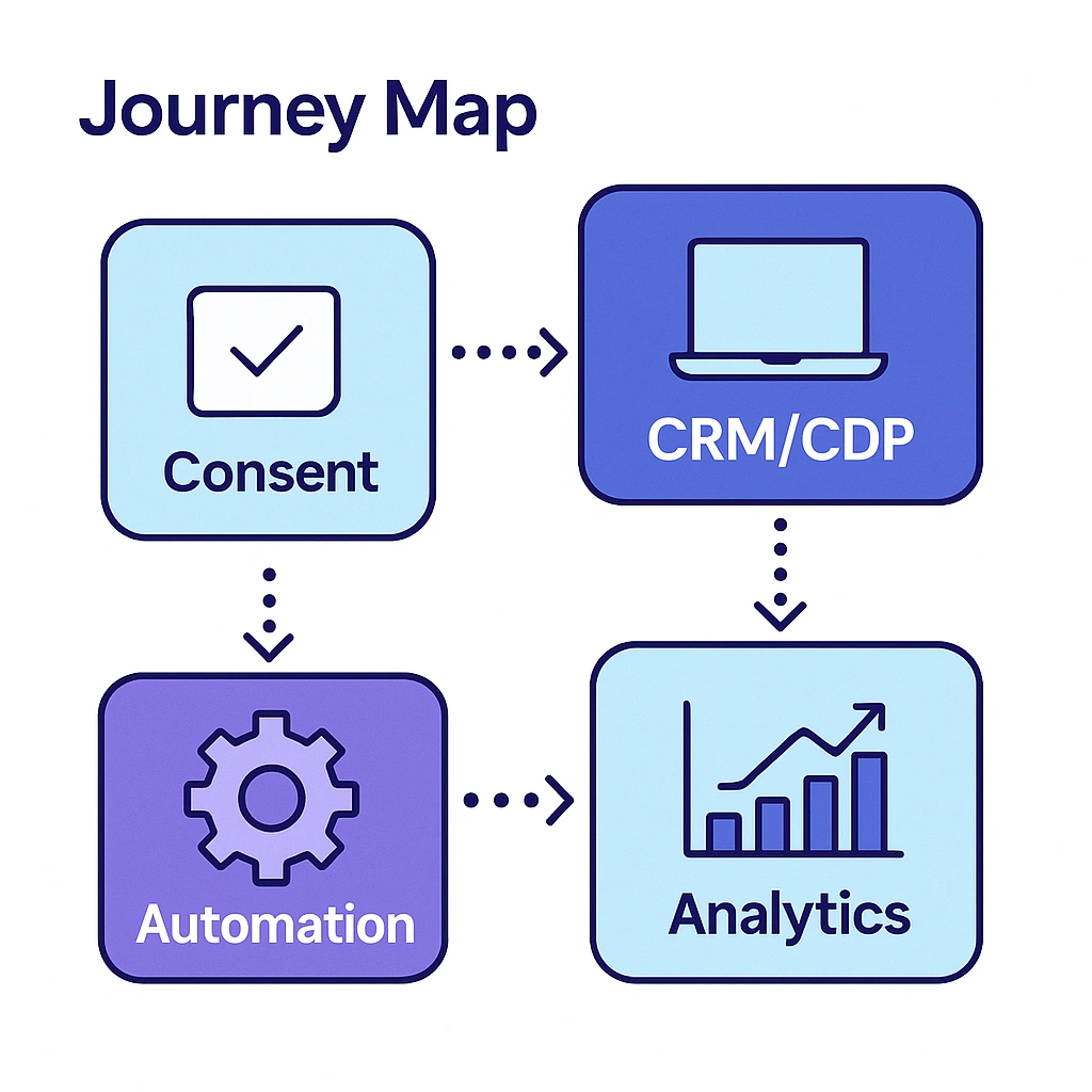 Flowchart connecting consent to CRM or CDP, automation and analytics with arrows.