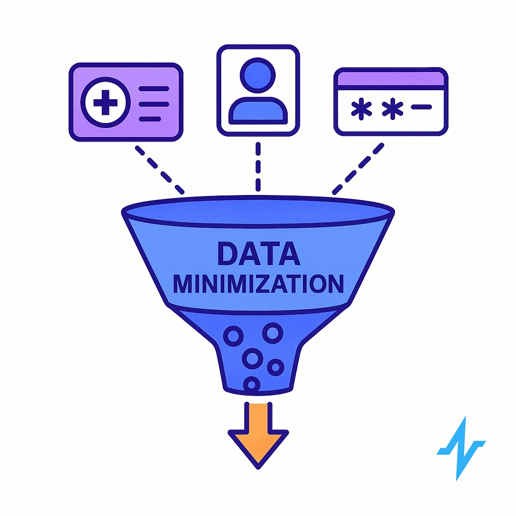 Various data icons funneled into a container labeled data minimization with an arrow down.