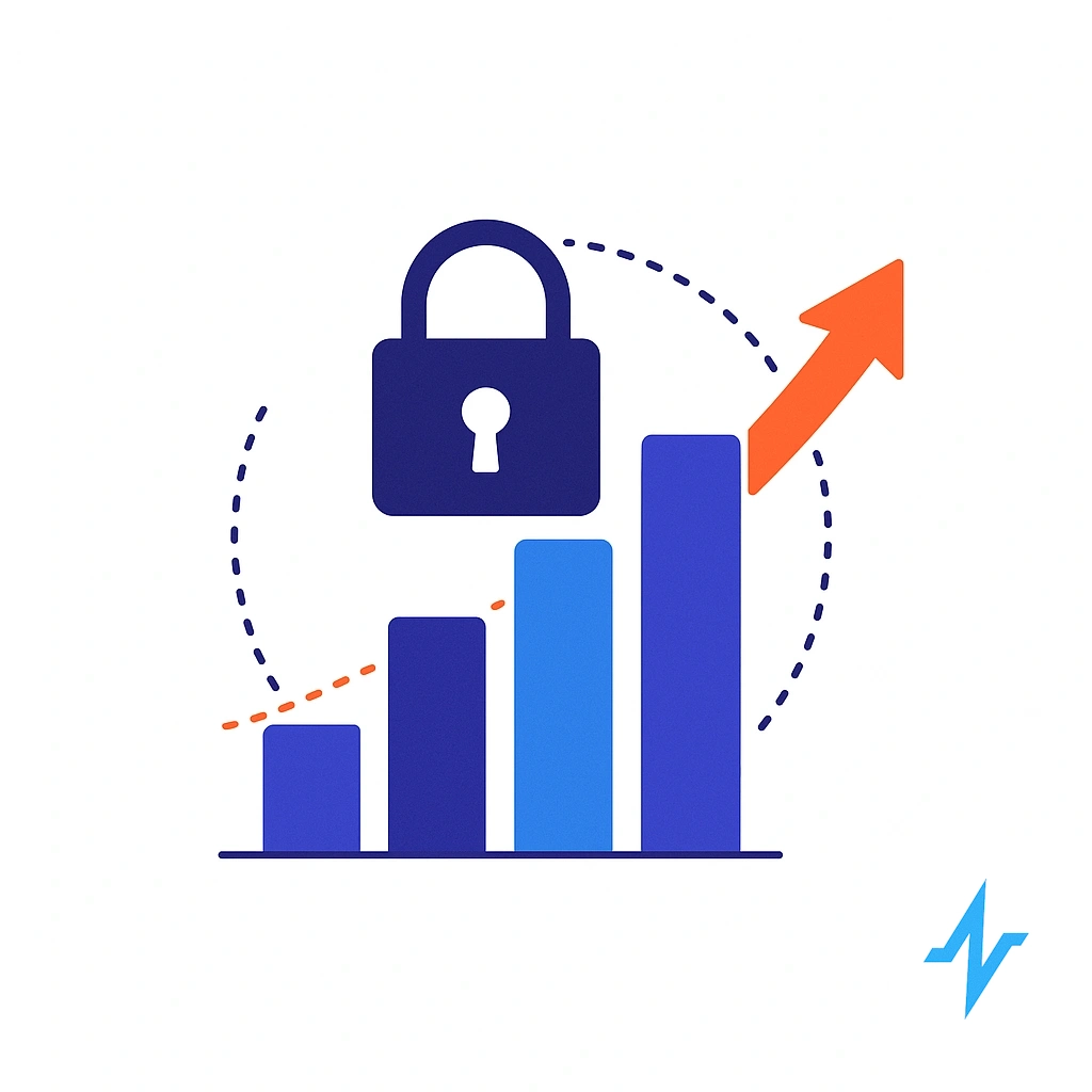 Bar chart with lock and upward arrow illustrating privacy driving business growth.