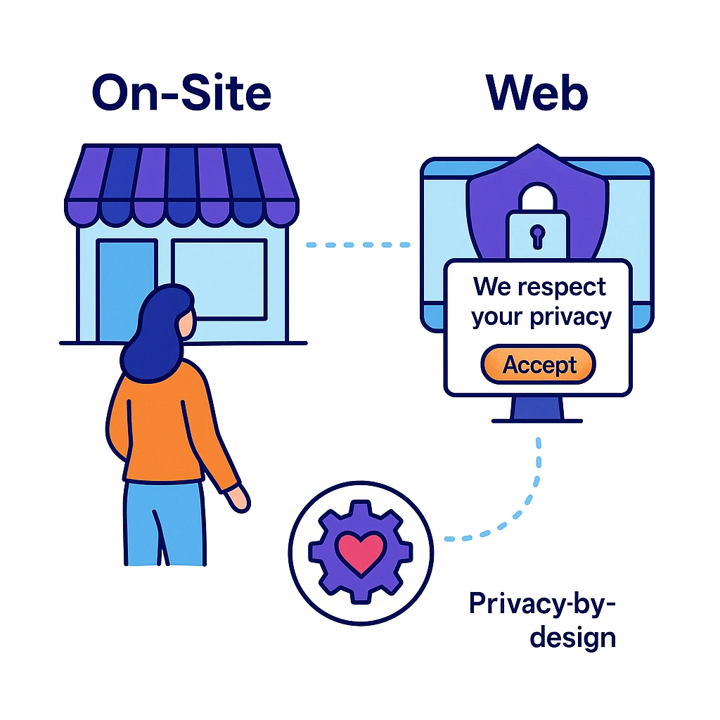 Comparison of on-site store and website both embedding privacy by design with dotted connections.