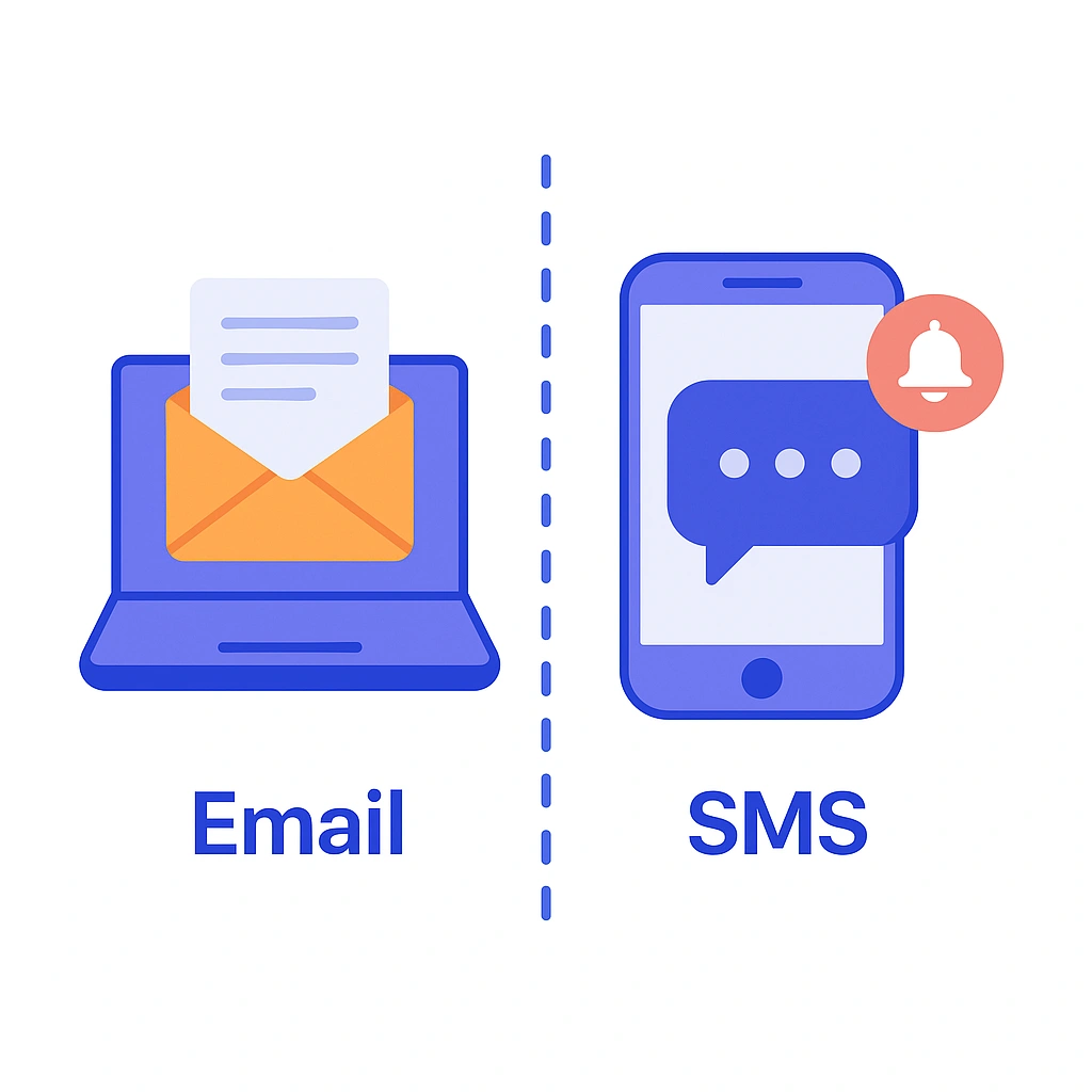 Side-by-side illustration of email on a laptop and SMS on a phone representing consent management.