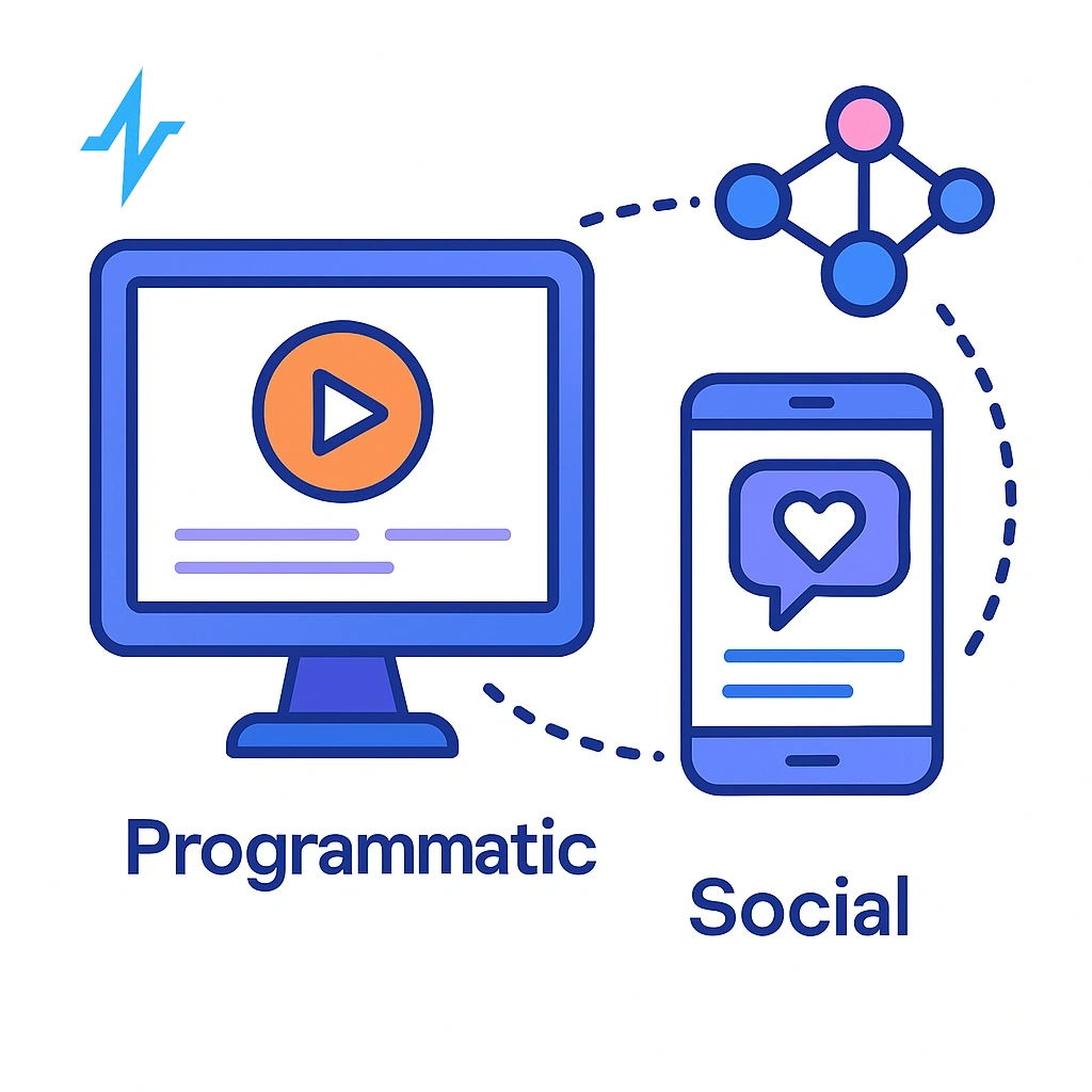 Computer with video and smartphone with heart message connected by dotted lines for programmatic and social.