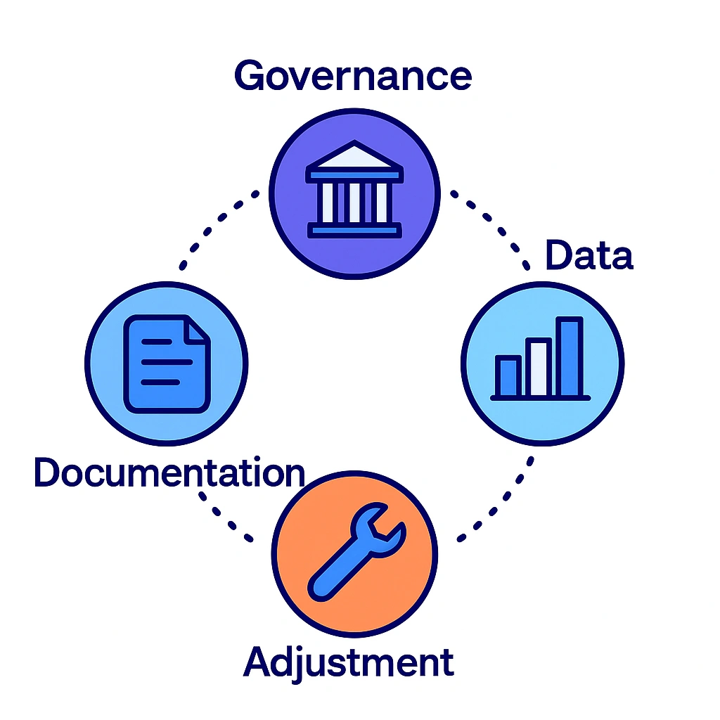 Circular diagram linking governance, data, adjustment and documentation with dotted lines.