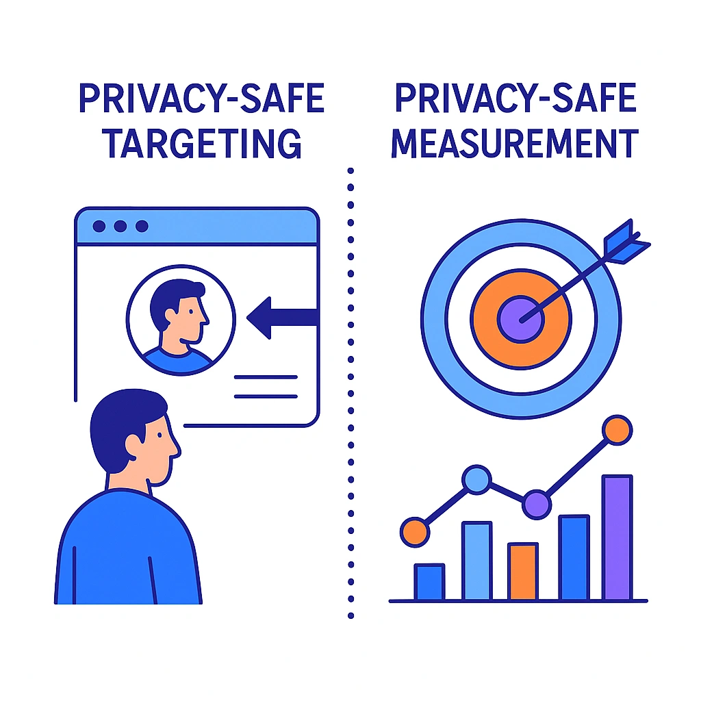 Split graphic showing privacy-safe targeting on a web page and privacy-safe measurement with a target and graph.
