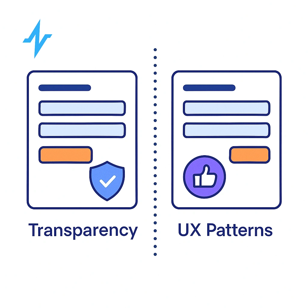 Two side-by-side forms contrasting transparency with a shield icon and a dark UX pattern with a like icon.
